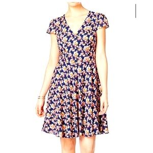Betsey Johnson Navy Blue Floral Print Chiffon Fit and Flare Dress Women's Size 4